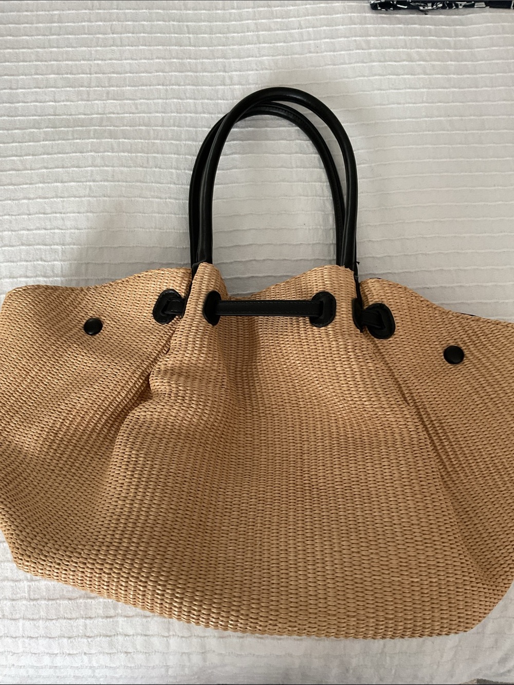 Urban Expressions Classic Tan Woven Tote Bag with Black Handles - Picture 4 of 10